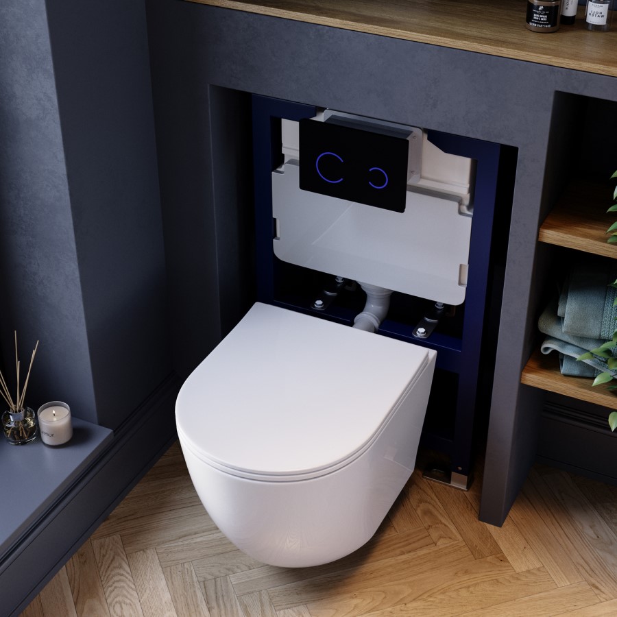 Wall Hung Rimless Toilet with Soft Close Seat, Black Glass Sensor Flush Plate, 820mm Frame & Cistern – Roma