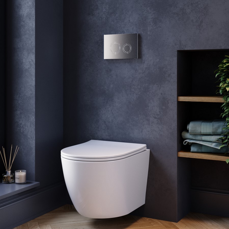 Wall Hung Rimless Toilet with Soft Close Seat, Chrome Mechanical Flush Plate, 1168mm Frame & Cistern – Roma