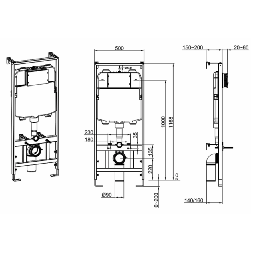 Wall Hung Rimless Toilet with Soft Close Seat, Chrome Mechanical Flush Plate, 1168mm Frame & Cistern – Roma