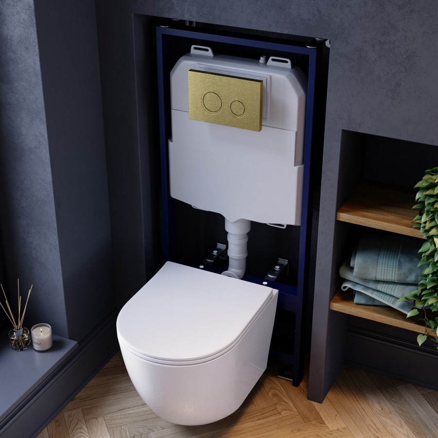 Wall Hung Rimless Toilet with Soft Close Seat, Brushed Brass Mechanical Flush Plate, 1168mm Frame & Cistern – Roma