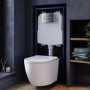 Wall Hung Rimless Toilet with Soft Close Seat, Chrome Pneumatic Flush Plate, 1168mm Frame & Cistern – Roma
