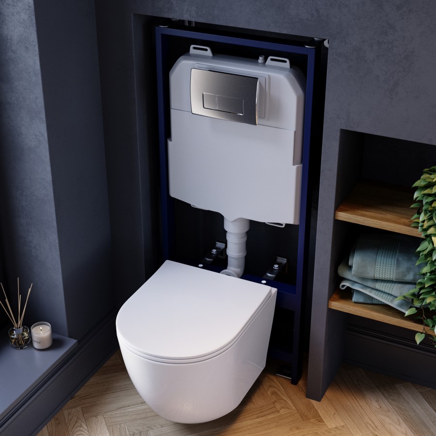Wall Hung Rimless Toilet with Soft Close Seat, Chrome Pneumatic Flush Plate, 1168mm Frame & Cistern – Roma