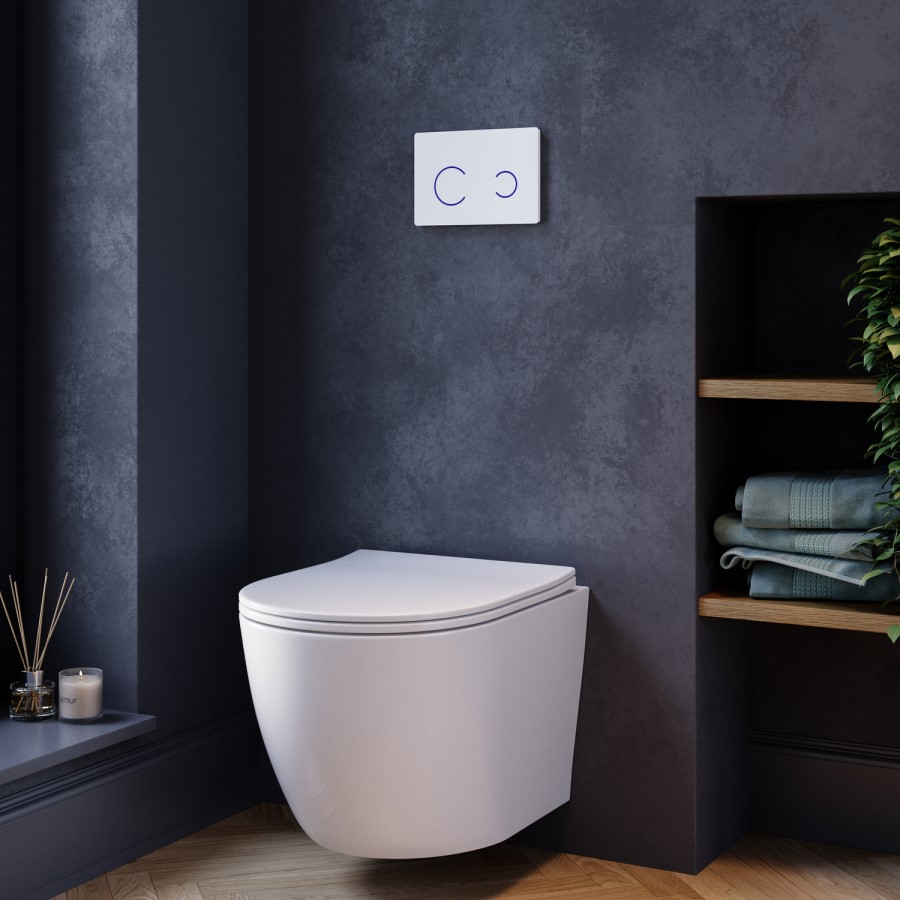Wall Hung Rimless Toilet with Soft Close Seat, White Glass Sensor Flush Plate, 1168mm Frame & Cistern – Roma