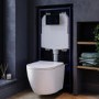 Wall Hung Rimless Toilet with Soft Close Seat, Black Glass Sensor Flush Plate, 1168mm Frame & Cistern – Roma