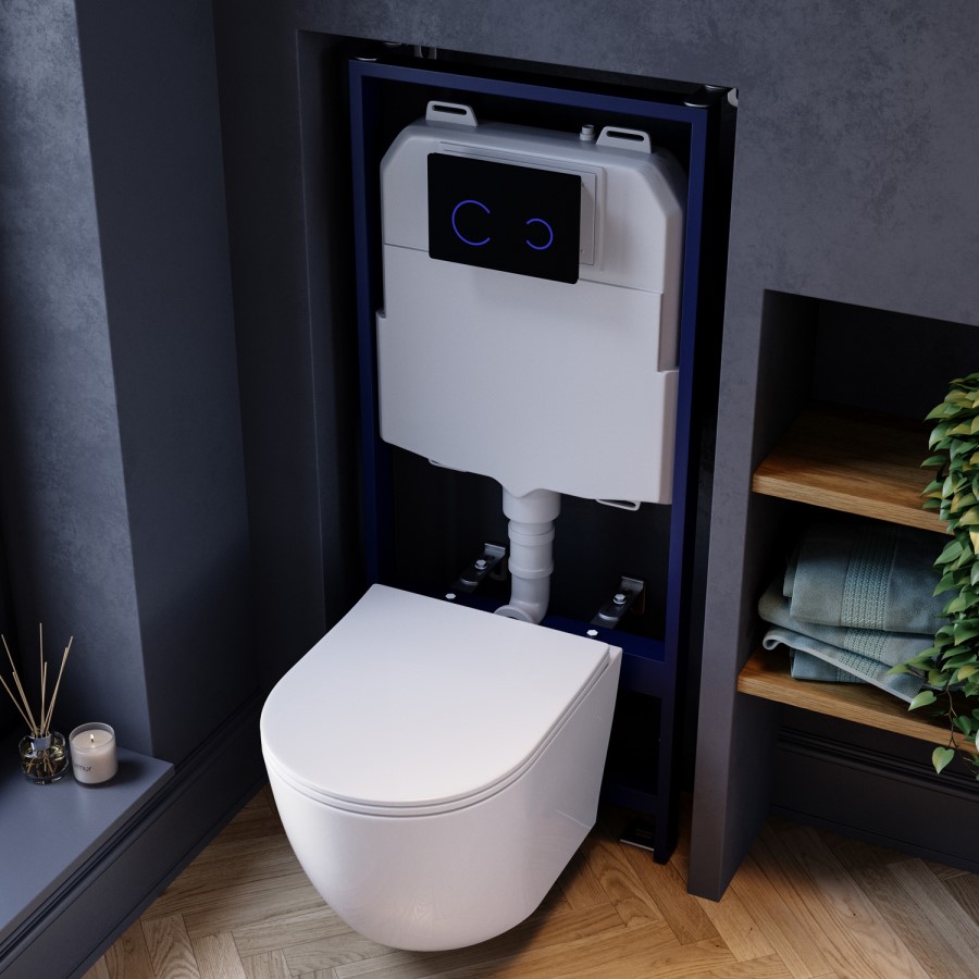 Wall Hung Rimless Toilet with Soft Close Seat, Black Glass Sensor Flush Plate, 1168mm Frame & Cistern – Roma