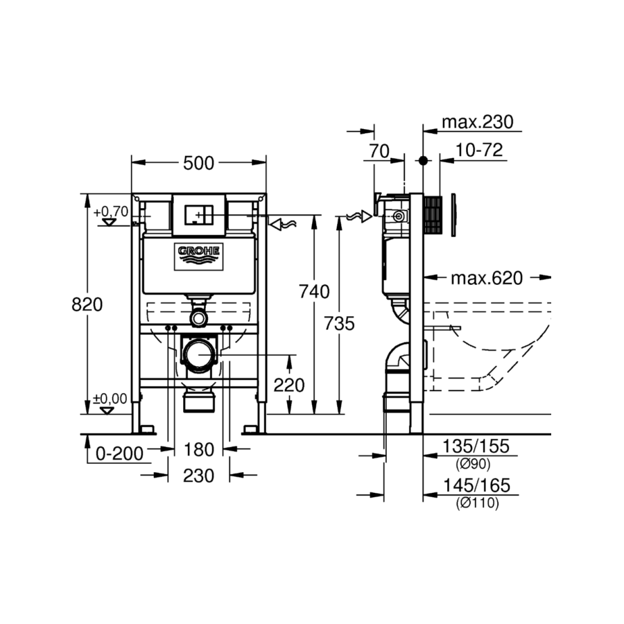 Wall Hung Rimless Toilet & Grohe Frame Cistern and Chrome Flush Plate - Roma