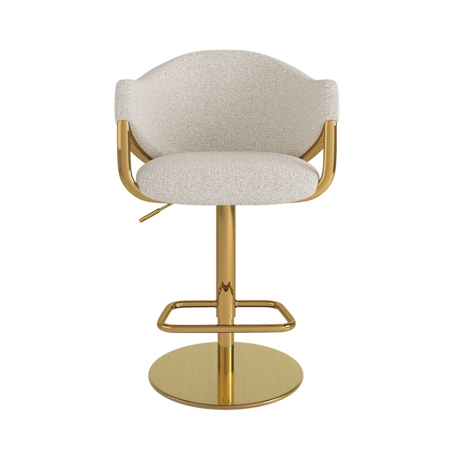 Beige Upholstered Adjustable Swivel Bar Stool with Gold Base - Ronnie