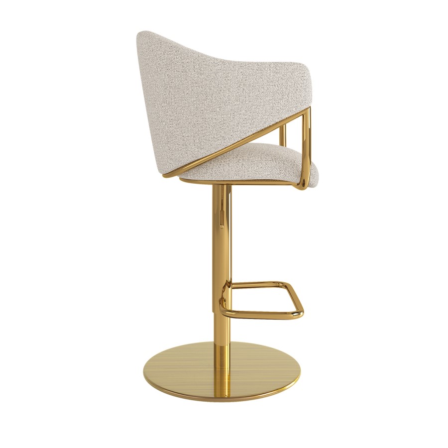 Beige Upholstered Adjustable Swivel Bar Stool with Gold Base - Ronnie