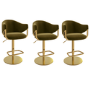 Set of 3 Olive Green Velvet Adjustable Swivel Bar Stools with Gold Base - Ronnie
