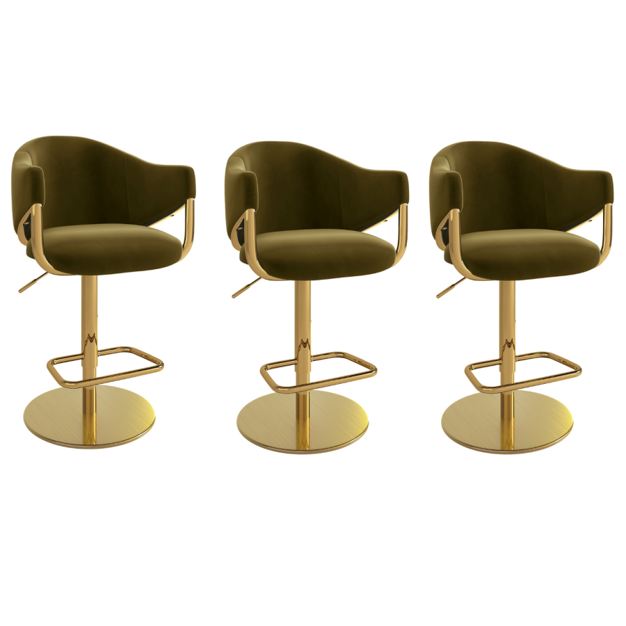 Set of 3 Olive Green Velvet Adjustable Swivel Bar Stools with Gold Base - Ronnie