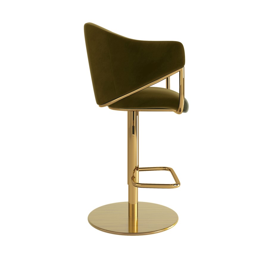 Set of 3 Olive Green Velvet Adjustable Swivel Bar Stools with Gold Base - Ronnie