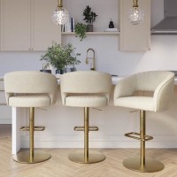 Set Of 3 Curved Beige Upholstered Adjustable Swivel Bar Stools with Gold Base - Runa