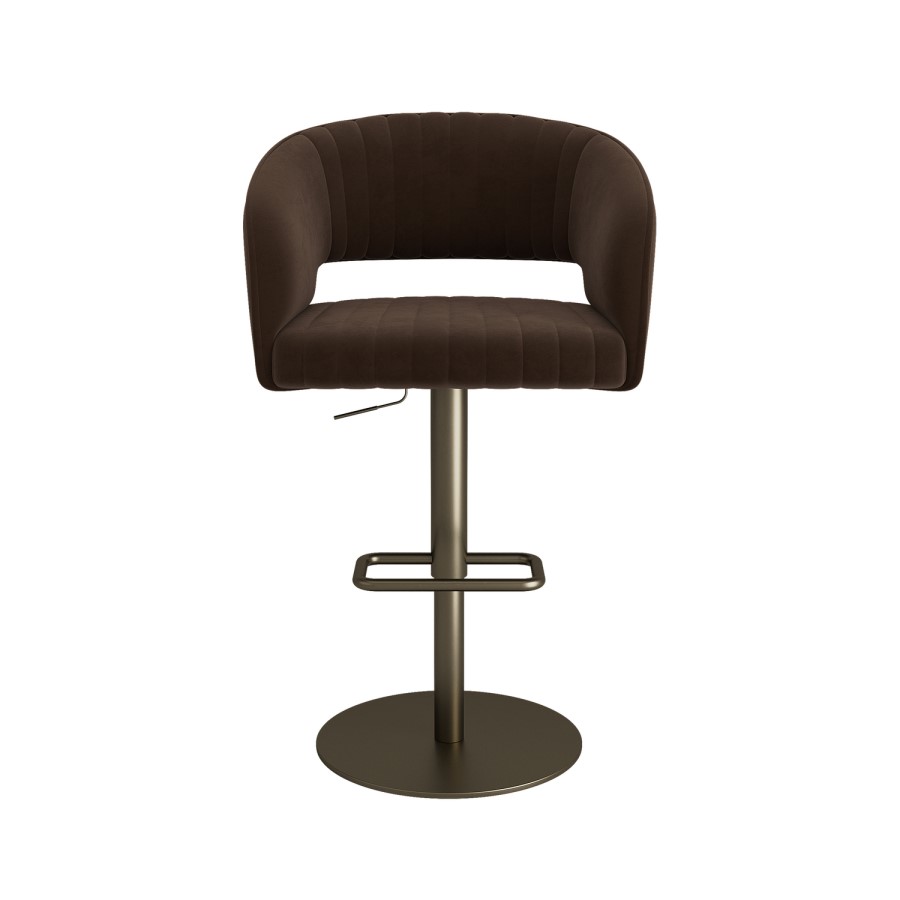 Curved Brown Velvet Adjustable Swivel Bar Stool with Brass Base - Runa