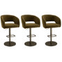 Set of 3 Curved Olive Green Velvet Adjustable Swivel Bar Stools with Brass Base - Runa