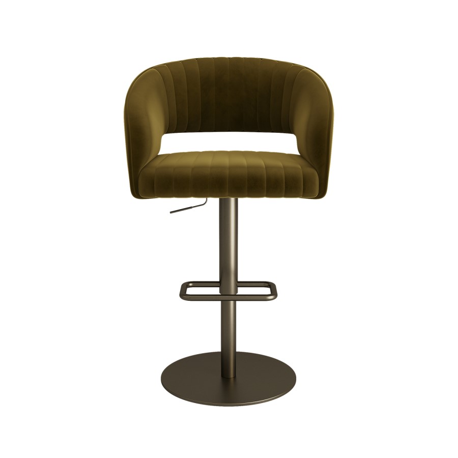 Curved Olive Green Velvet Adjustable Swivel Bar Stool with Brass Base - Runa