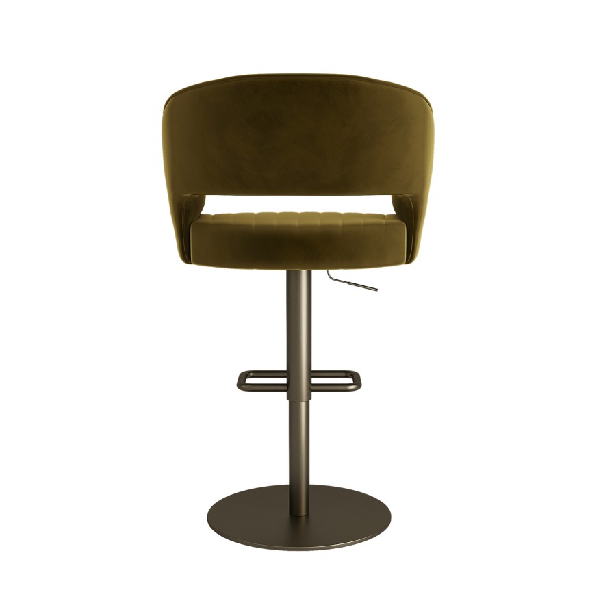Curved Olive Green Velvet Adjustable Swivel Bar Stool with Brass Base - Runa