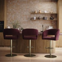 Set of 3 Curved Burgundy Velvet Adjustable Swivel Bar Stools with Brass Base - Runa