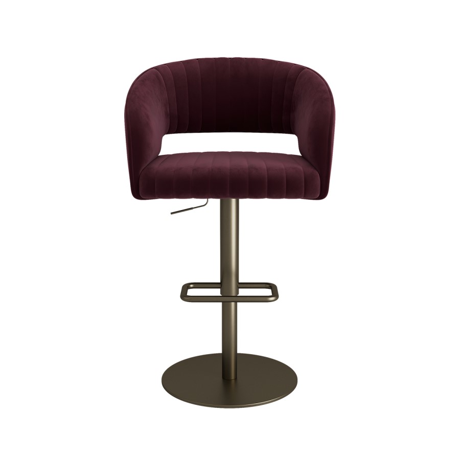 Set of 2 Curved Burgundy Velvet Adjustable Swivel Bar Stools with Brass Base - Runa
