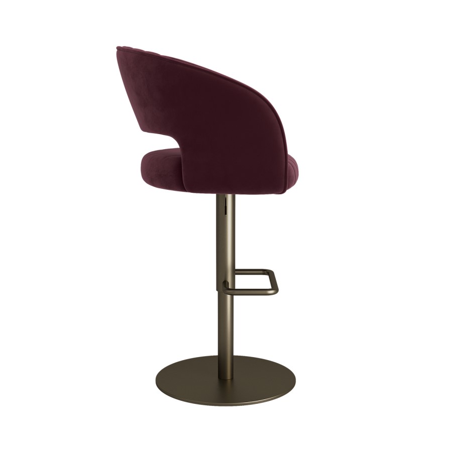 Set of 2 Curved Burgundy Velvet Adjustable Swivel Bar Stools with Brass Base - Runa
