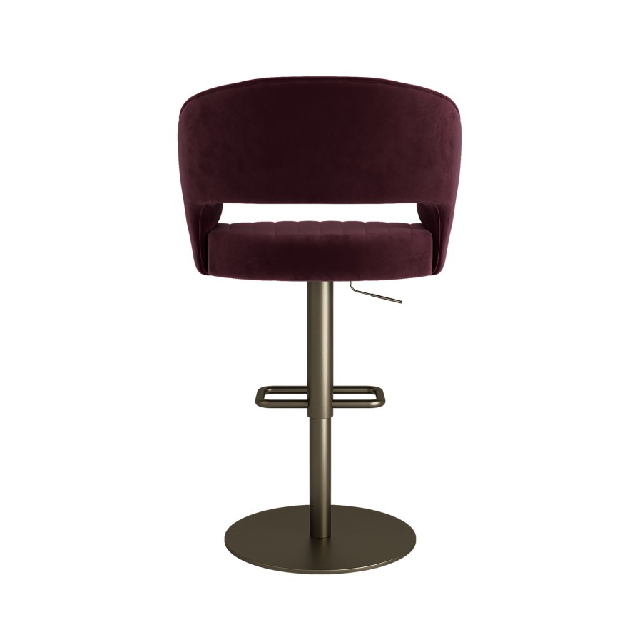 Set of 2 Curved Burgundy Velvet Adjustable Swivel Bar Stools with Brass Base - Runa