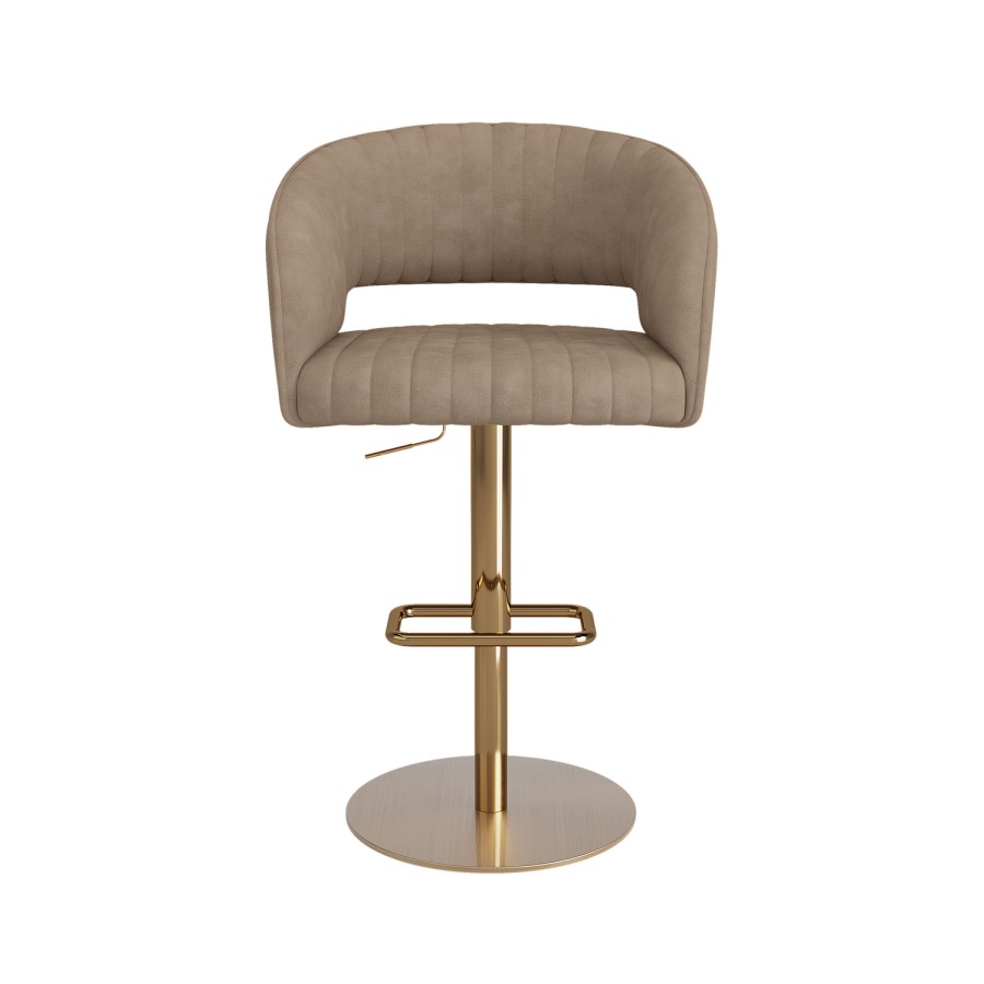 Set of 2 Curved Beige Faux Leather Adjustable Swivel Bar Stools with Gold Base - Runa