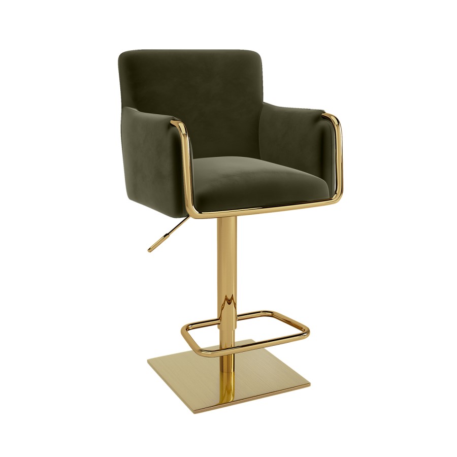 ONLY OPENED - Olive Green Velvet Adjustable Swivel Bar Stool with Gold Base - Sonny