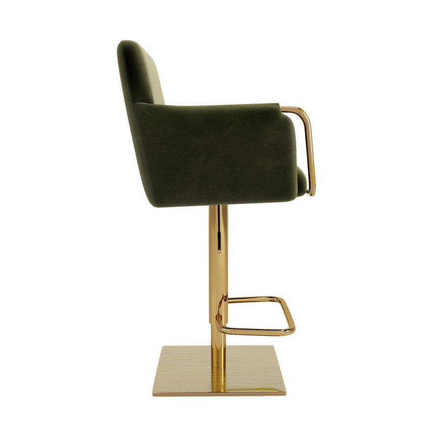 ONLY OPENED - Olive Green Velvet Adjustable Swivel Bar Stool with Gold Base - Sonny