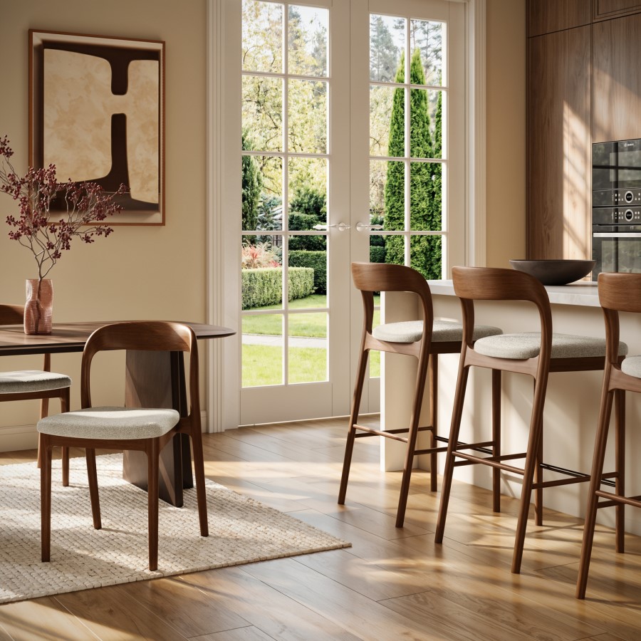 Set of 2 Beige Upholstered Kitchen Stools with Walnut Solid Wood Frame - Uma