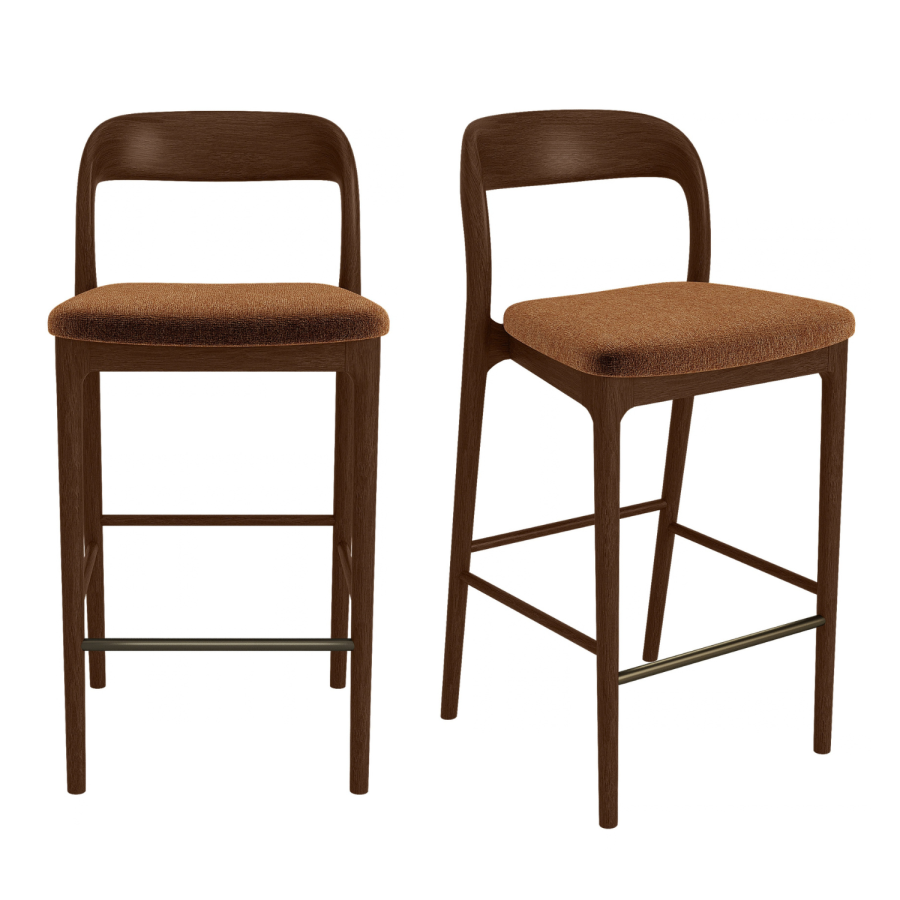 Set of 2 Rust Upholstered Kitchen Stools with Walnut Solid Wood Frames - Uma