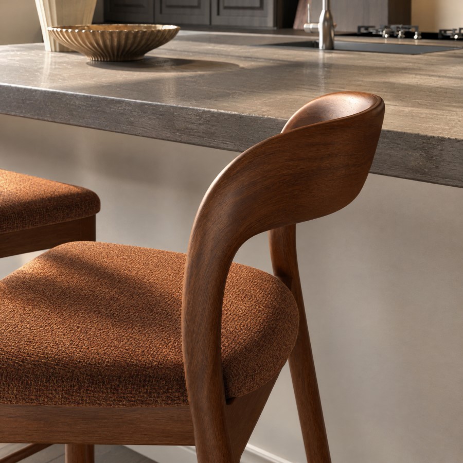 Set of 3 Rust Upholstered Kitchen Stools with Walnut Solid Wood Frames - Uma