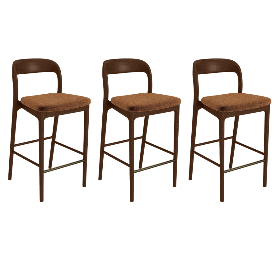 Set of 3 Rust Upholstered Kitchen Stools with Walnut Solid Wood Frames - Uma