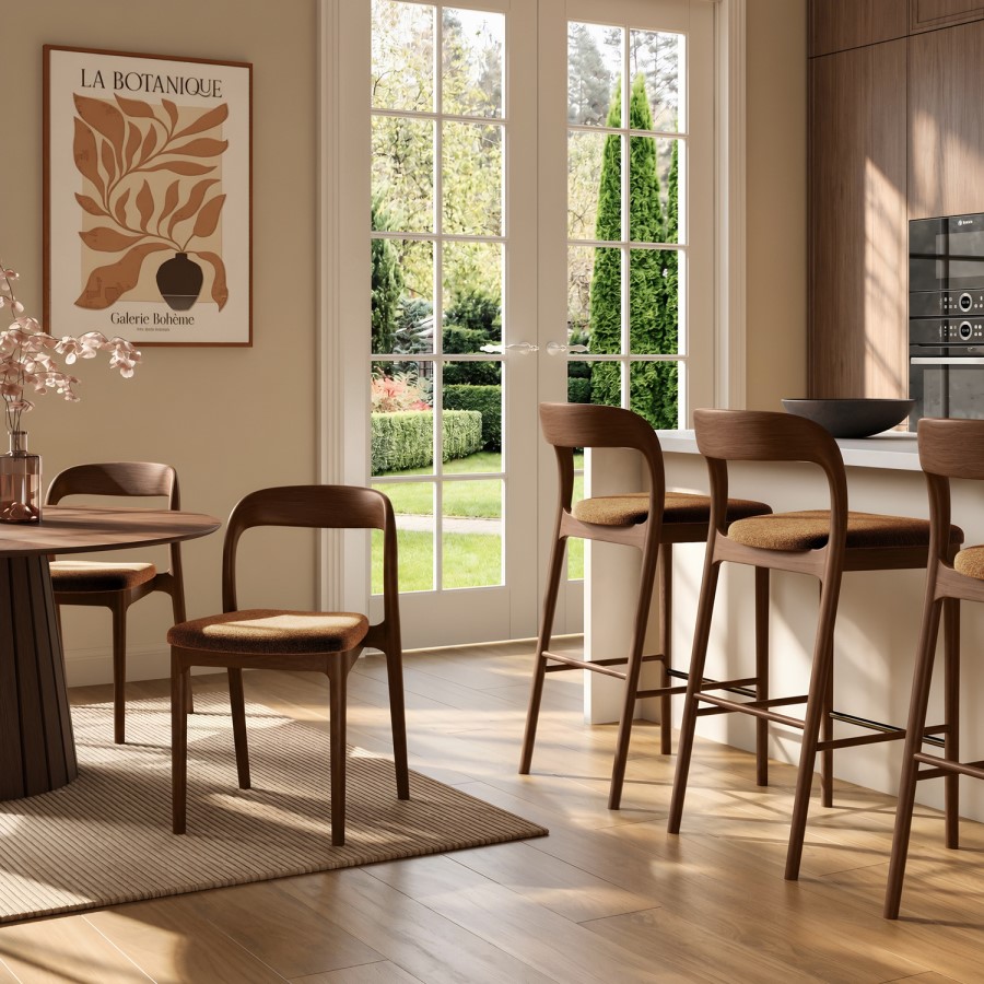 Set of 3 Rust Upholstered Kitchen Stools with Walnut Solid Wood Frames - Uma