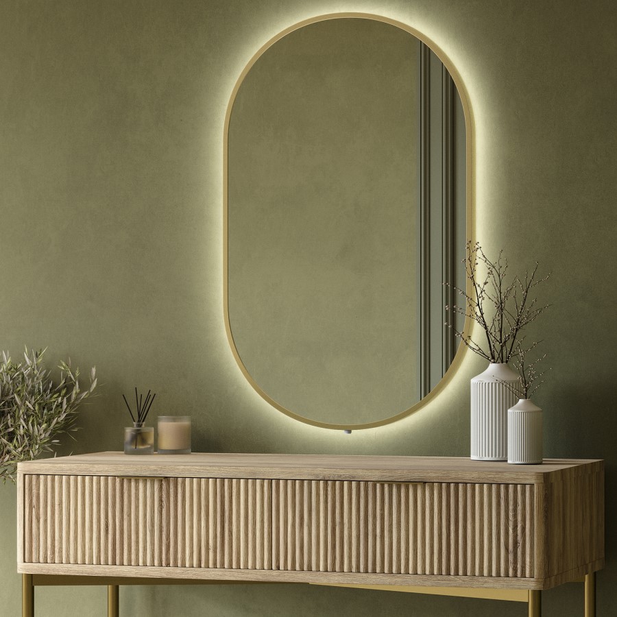 Oval Backlit Brass Wall Mirror with Battery Operated Lights 50 x 80cm - Venus