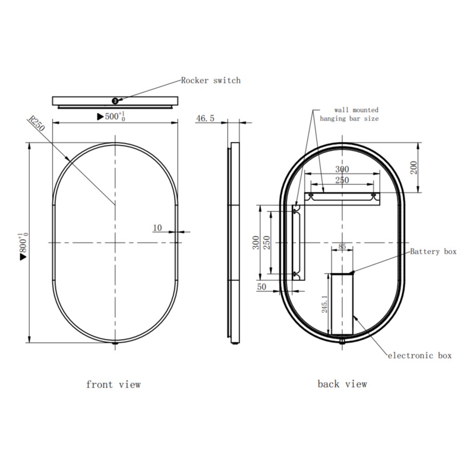 Oval Backlit Black Wall Mirror with Battery Operated Lights 50 x 80cm - Venus
