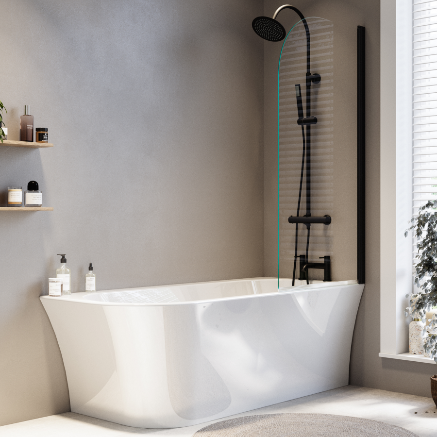 Freestanding Shower Bath Single Ended Right Hand Corner with Matt Black Bath Screen 1700 x 750mm - Vigo