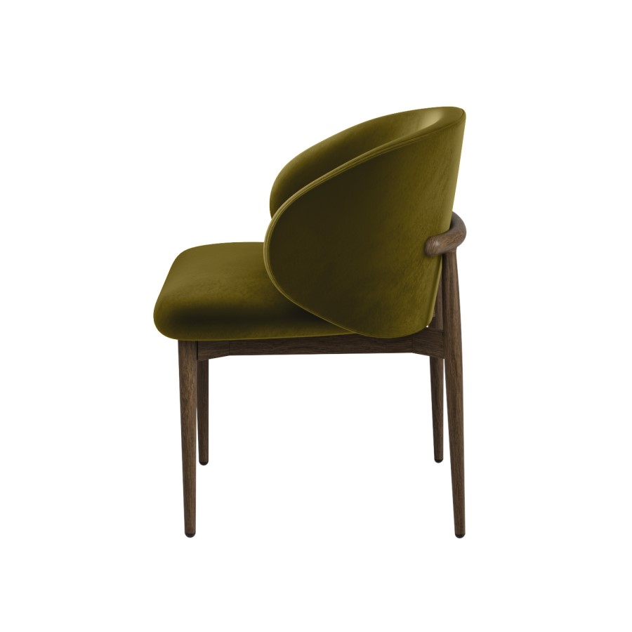 Set of 6 Walnut and Olive Green Velvet Curved Dining Chairs with Solid Wood Exposed Back - Kori