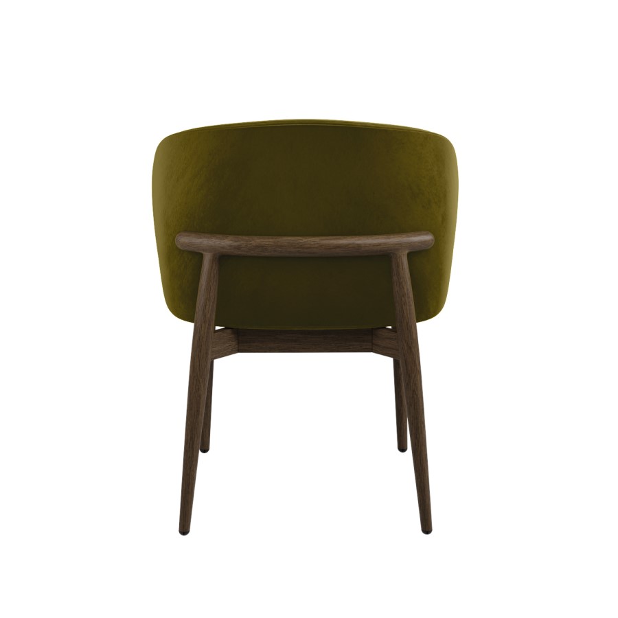 Set of 6 Walnut and Olive Green Velvet Curved Dining Chairs with Solid Wood Exposed Back - Kori