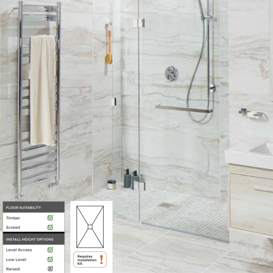 1400x900mm Wet Room Tile-Ready Shower Tray with Wet Room Install & Square Centre Waste Drainage Kit