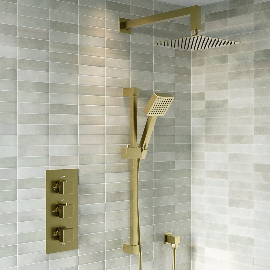 Brushed Brass 2 Outlet Concealed Thermostatic Shower Valve With Triple Control - Zana