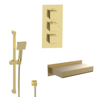 Brushed Brass 2 Outlet Wall Mounted Thermostatic Mixer Shower Set with Bath Filler Spout - Zana