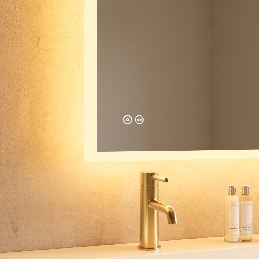 Rectangular Heated Bathroom Mirror with Lights Shaver Socket & Bluetooth Speaker 800 x 600mm - Divine