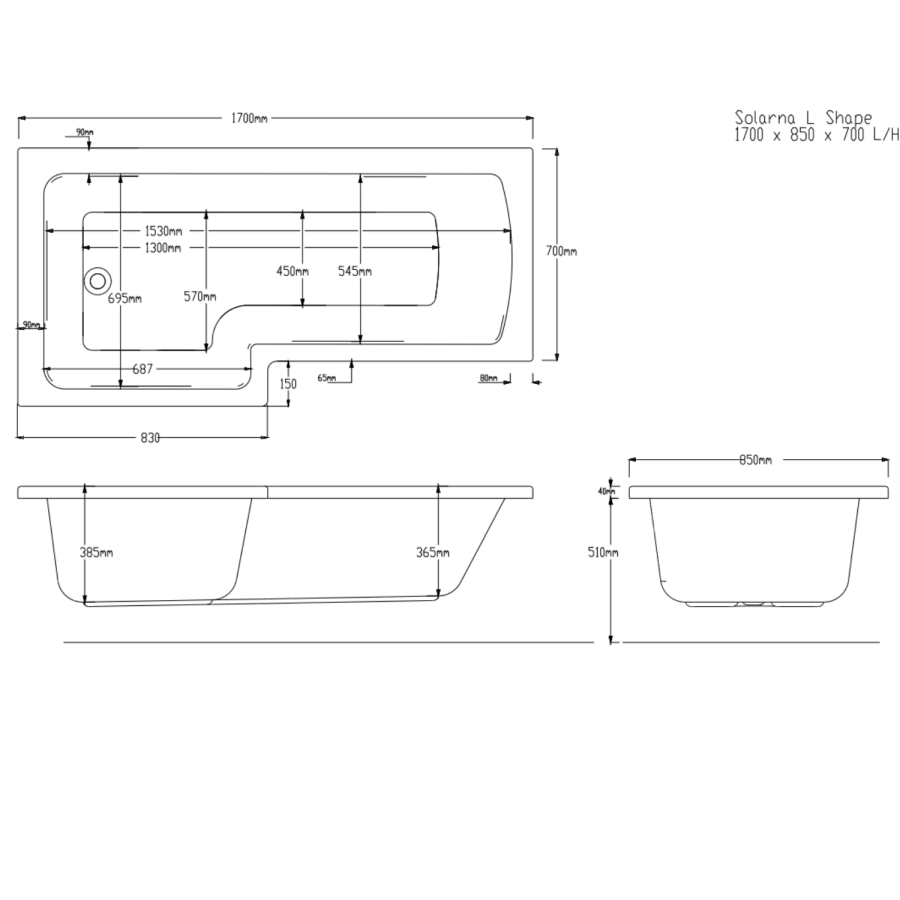L Shaped Shower Bath with Front Panel & Bath Screen, Right Hand 1700 x 750mm - Yale