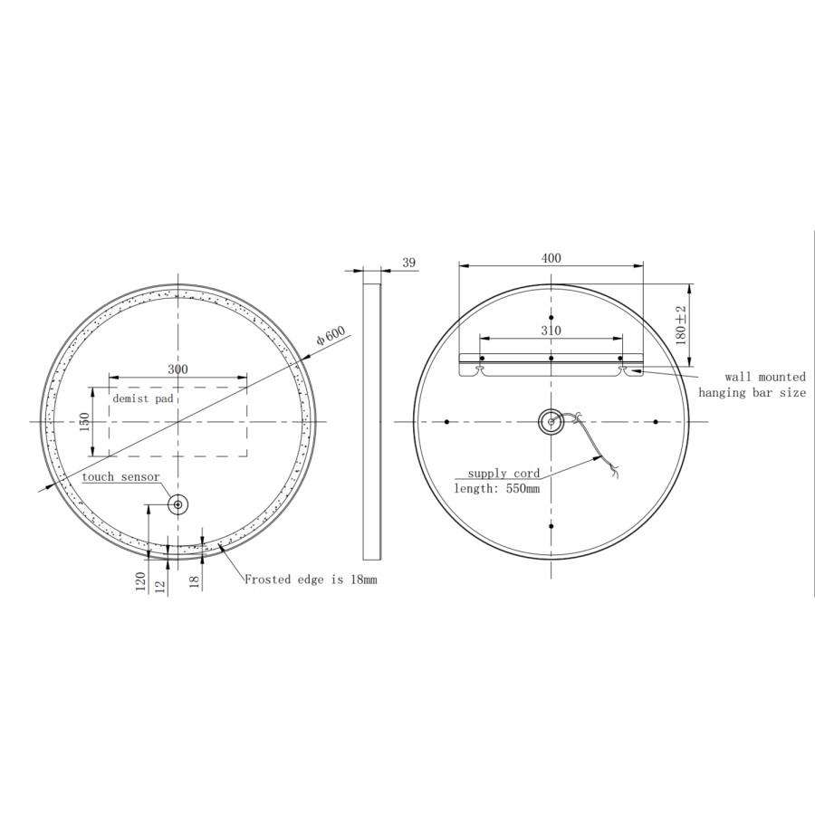Round Black Heated Bathroom Mirror with Lights 600mm - Antares