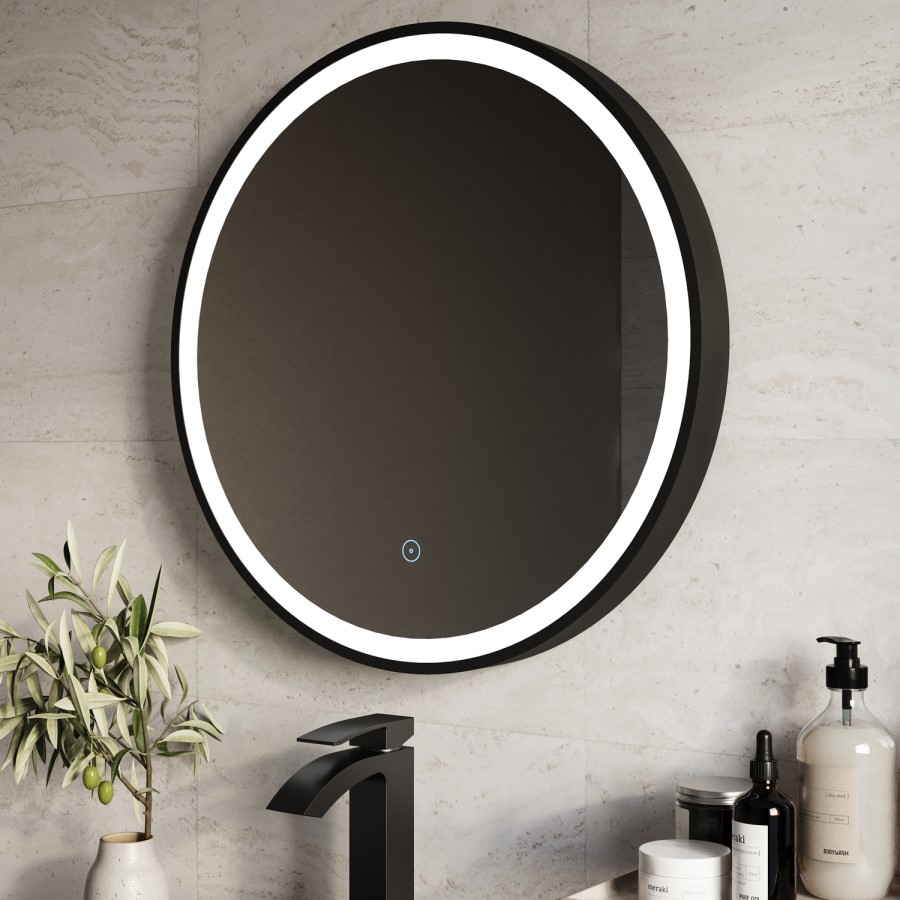 Round Black Heated Bathroom Mirror with Lights 800mm - Antares