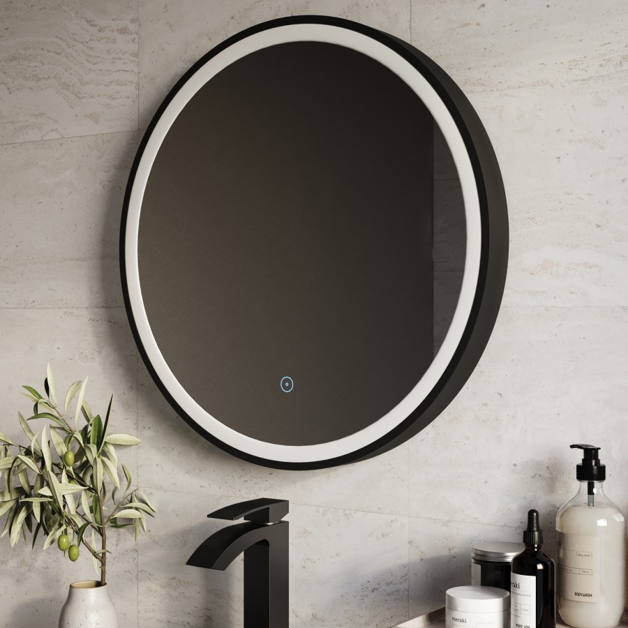 Round Black Heated Bathroom Mirror with Lights 800mm - Antares