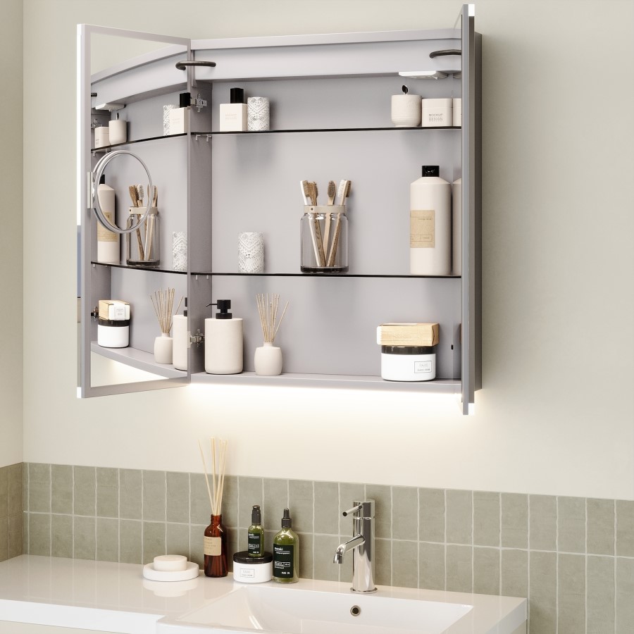 Double Door Chrome Bathroom Mirror Cabinet with Lights, Bluetooth Speaker & Demister 600 x 700mm - Ursa