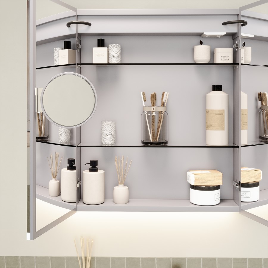 Double Door Chrome Bathroom Mirror Cabinet with Lights, Bluetooth Speaker & Demister 600 x 700mm - Ursa