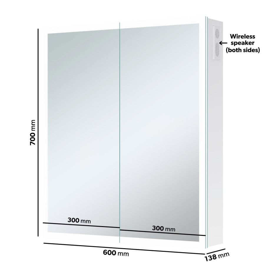 Double Door Chrome Bathroom Mirror Cabinet with Lights, Bluetooth Speaker & Demister 600 x 700mm - Ursa