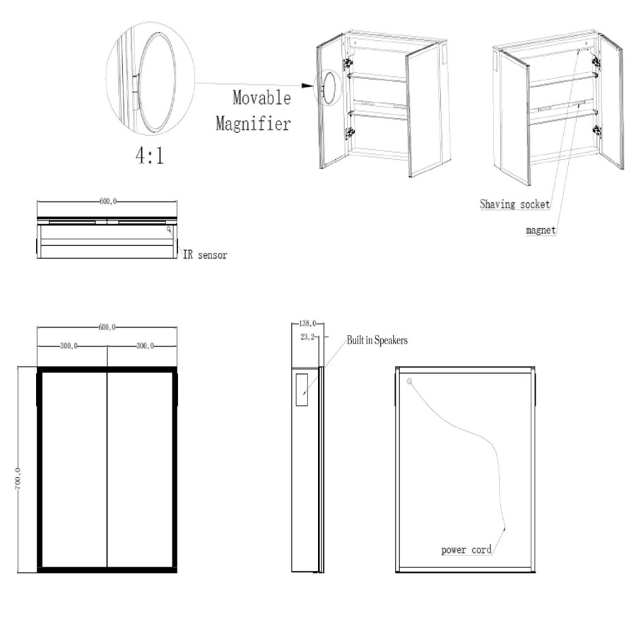 Double Door Chrome Bathroom Mirror Cabinet with Lights, Bluetooth Speaker & Demister 600 x 700mm - Ursa