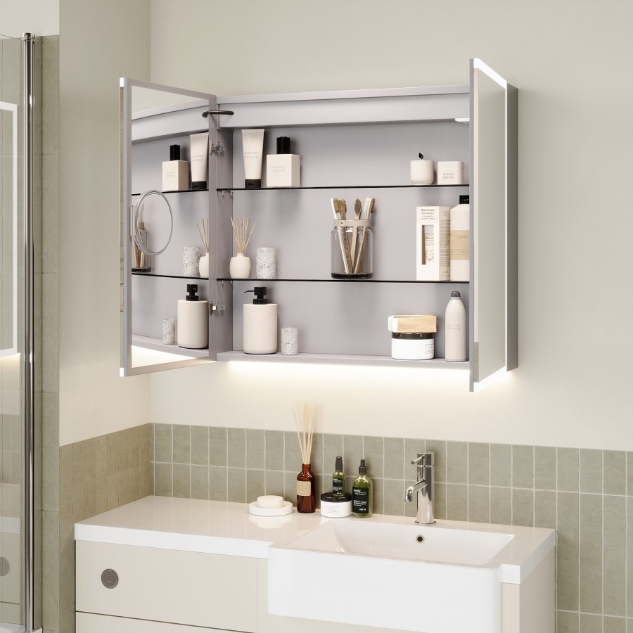 Double Door Chrome Bathroom Mirror Cabinet with Lights Bluetooth Speaker & Demister 800 x 700mm - Ursa